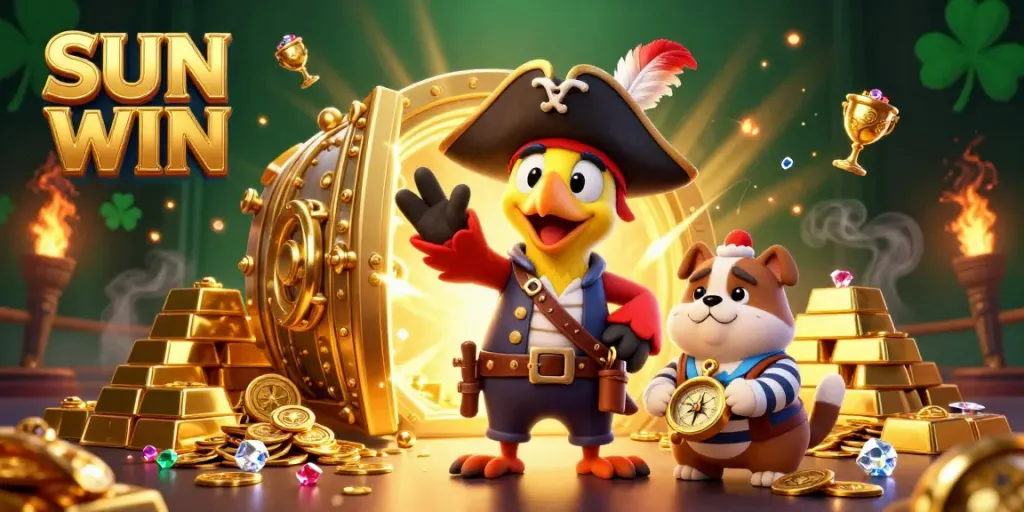 Engage with the thrilling world of SUN WIN casino games, featuring vibrant characters and stunning treasure visuals.