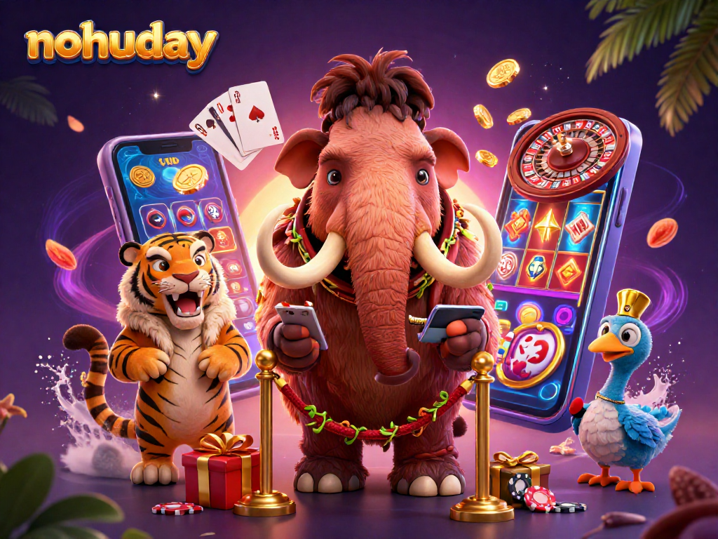 Experience exciting slots at nohuday with a vibrant 3D scene featuring casino characters and gaming elements.