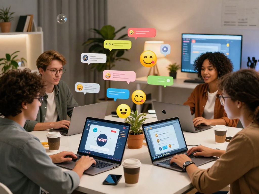 Diverse group using an engaging nsfw chat bot in a modern workspace setting.
