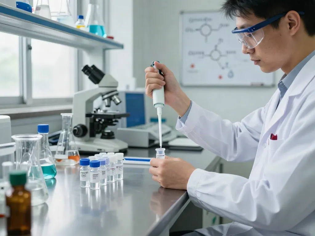Scientist analyzing 3ml bac water vials in a clean laboratory setting