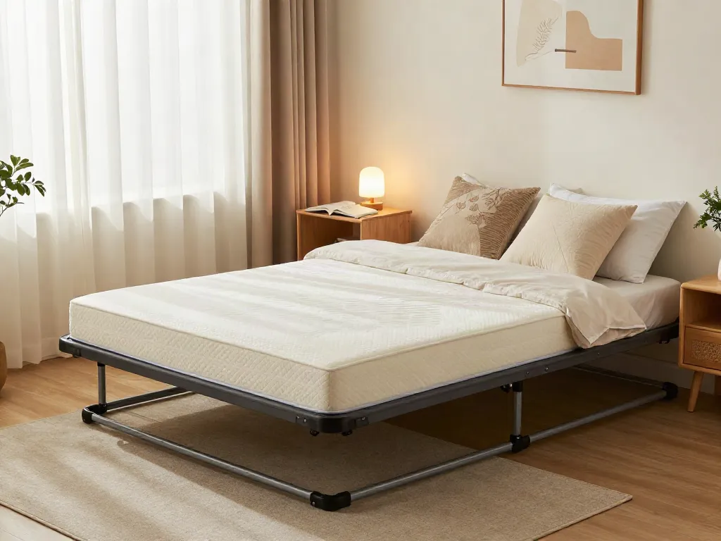 Portable bed in a cozy guest room setup, featuring soft bedding and inviting decor for guests.