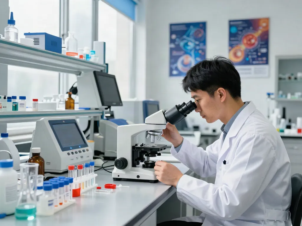 Engaging laboratory scene exploring peptides price list with a researcher analyzing samples.
