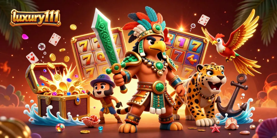 Play slot games with luxury111, featuring an Aztec warrior scene packed with treasures and dazzling visuals.