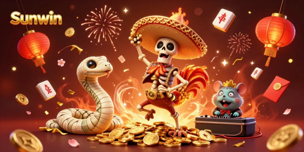 Celebrate big wins at Sunwin with vibrant 3D characters and festive casino elements.