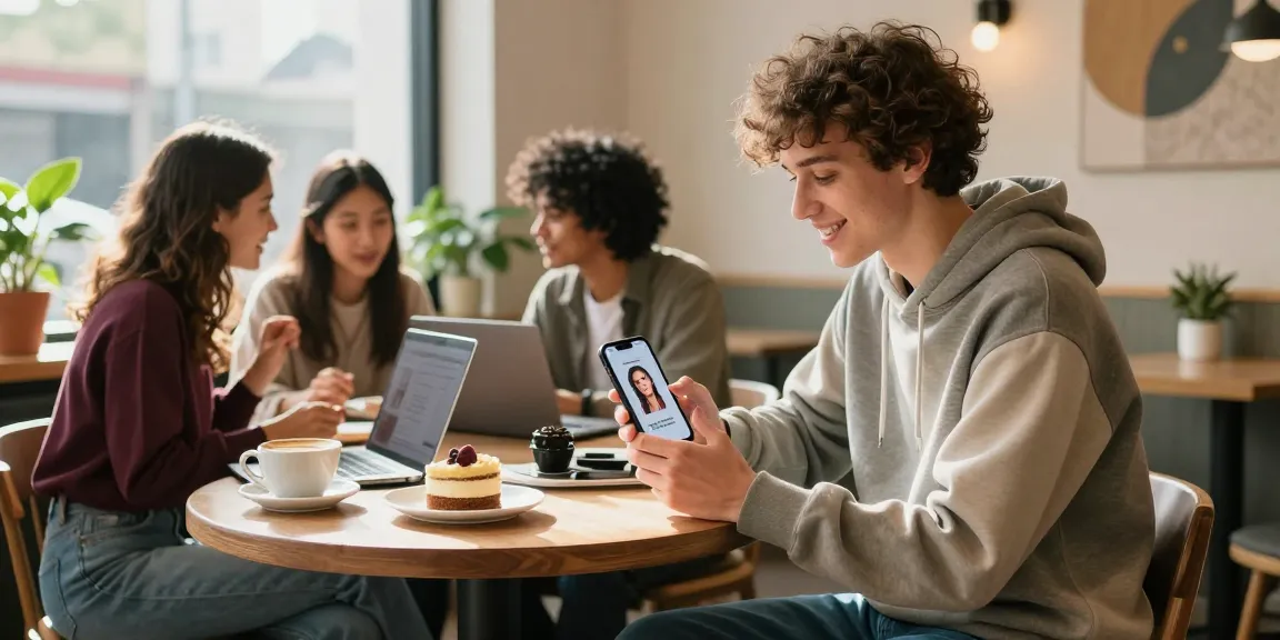Engaged young adult using an app to find out how old do I look, in a warm café setting.