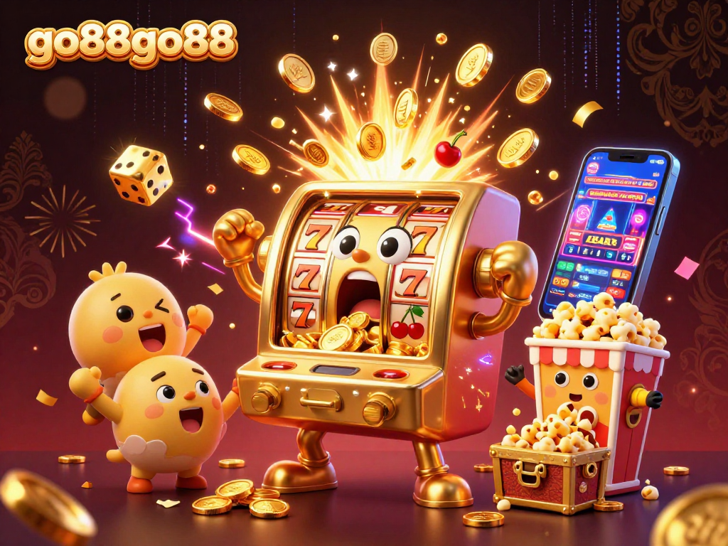 Go88go88 slot machine celebrates a jackpot victory with cheering characters and golden coins in a vibrant casino scene.