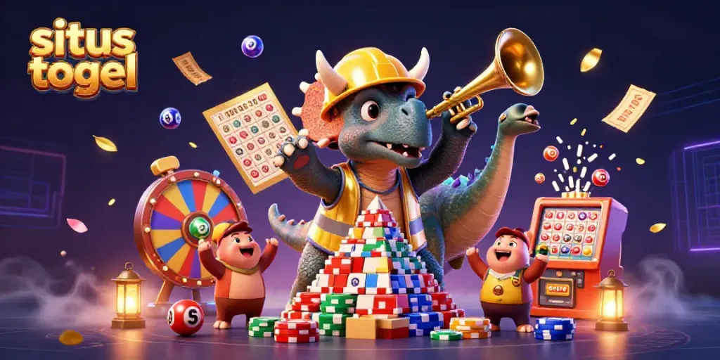 Engage in situs togel with vibrant celebrations featuring colorful lottery balls and playful dinosaur mascots.