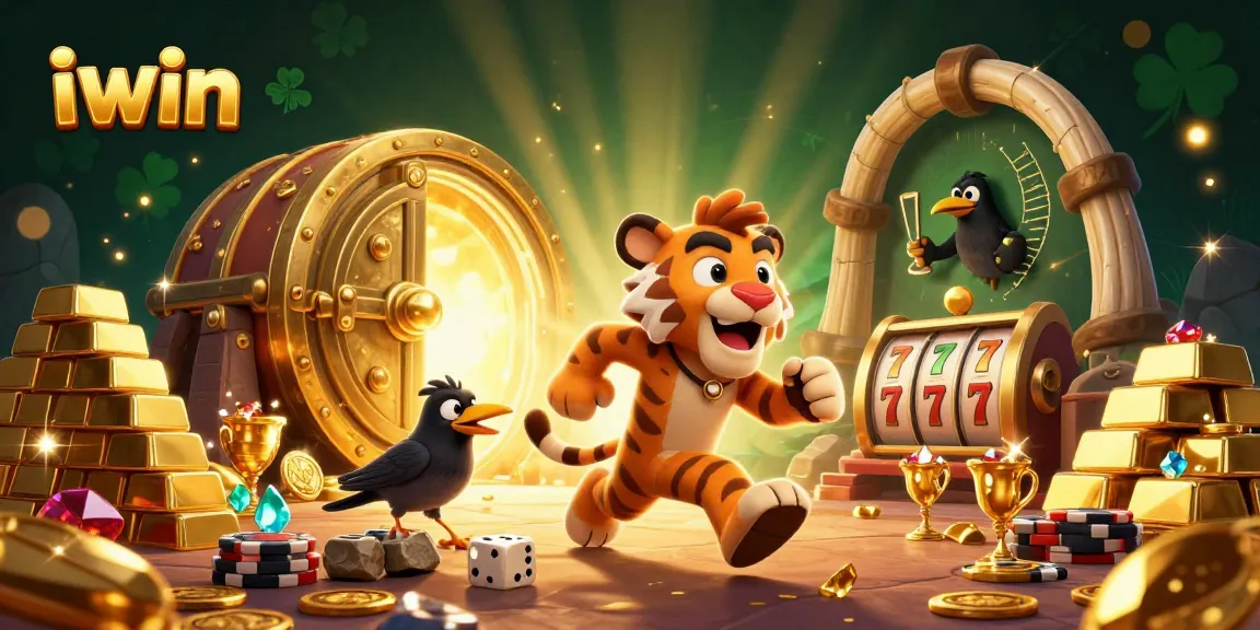 The iwin casino features a dynamic prehistoric scene full of treasures, gambling elements, and characters.