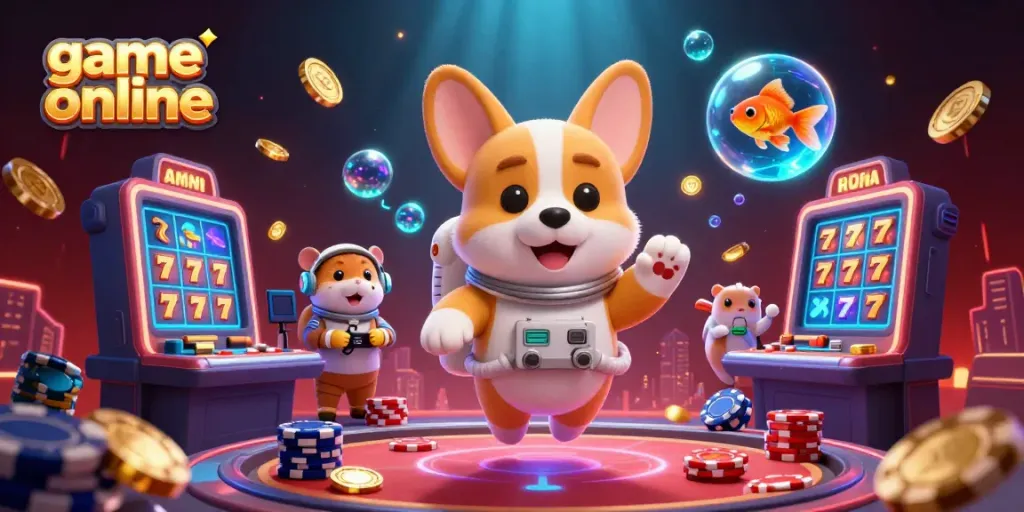 Experience thrilling game online action with a cartoon space-themed casino scene featuring a corgi astronaut.