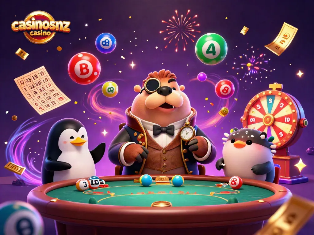 Experience thrilling gameplay at casinosnz casino with our vibrant underwater poker scene featuring a walrus, penguin dealer, and pufferfish.
