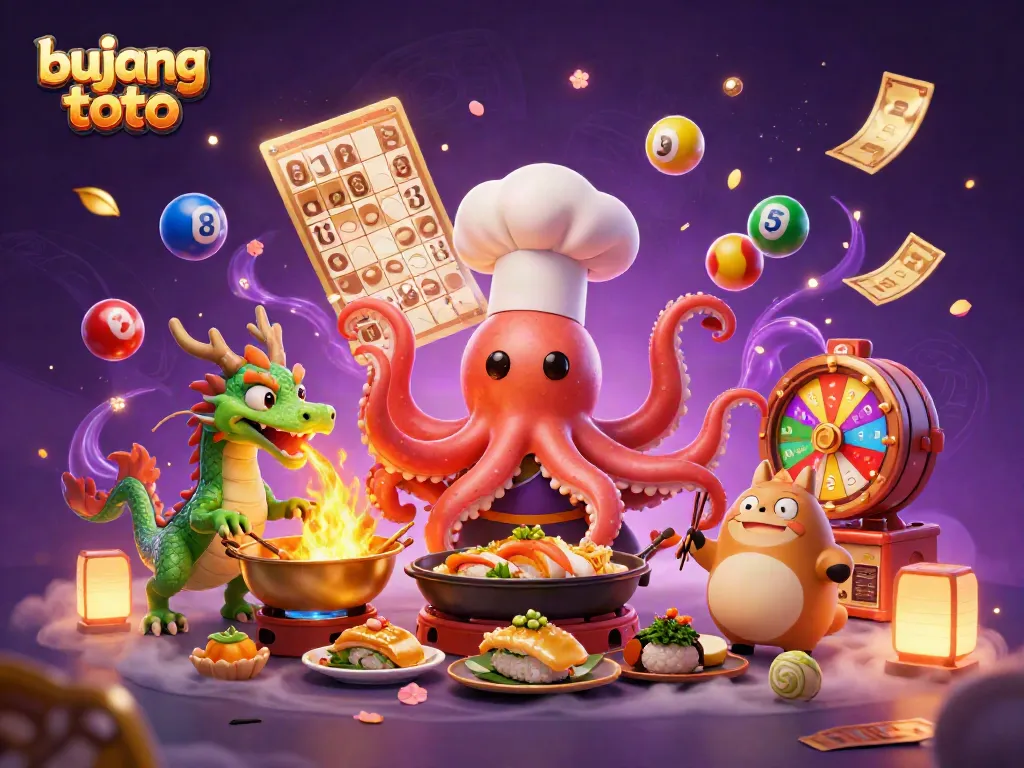 Bujang toto illustration showing a vibrant casino scene with a sushi chef octopus and dragon amidst lottery elements.