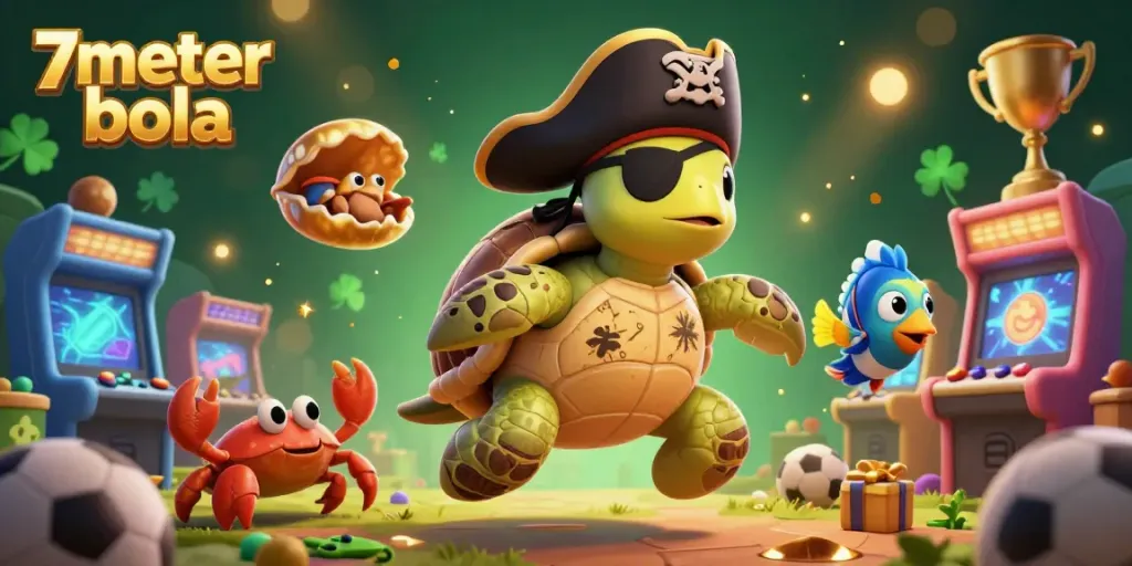 Engage in thrilling sports betting with 7meter bola, featuring a lively pirate turtle scene filled with gaming elements.