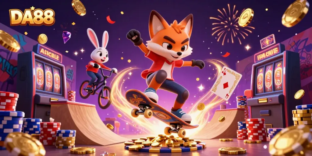 Experience the excitement of DA88 with a dynamic casino-themed illustration featuring vibrant characters and gaming elements.