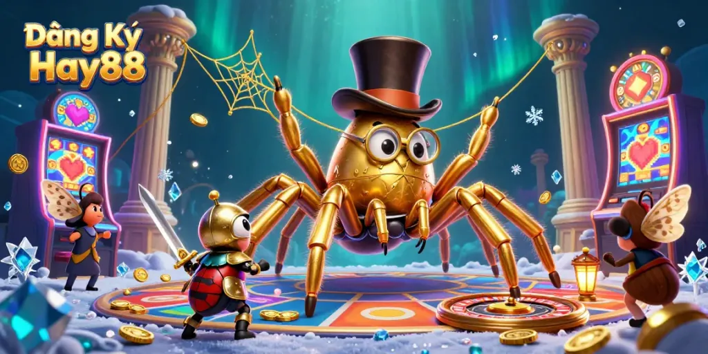 Join the excitement at Đăng Ký Hay88 with a thrilling casino atmosphere featuring a golden tarantula and beetle knight!