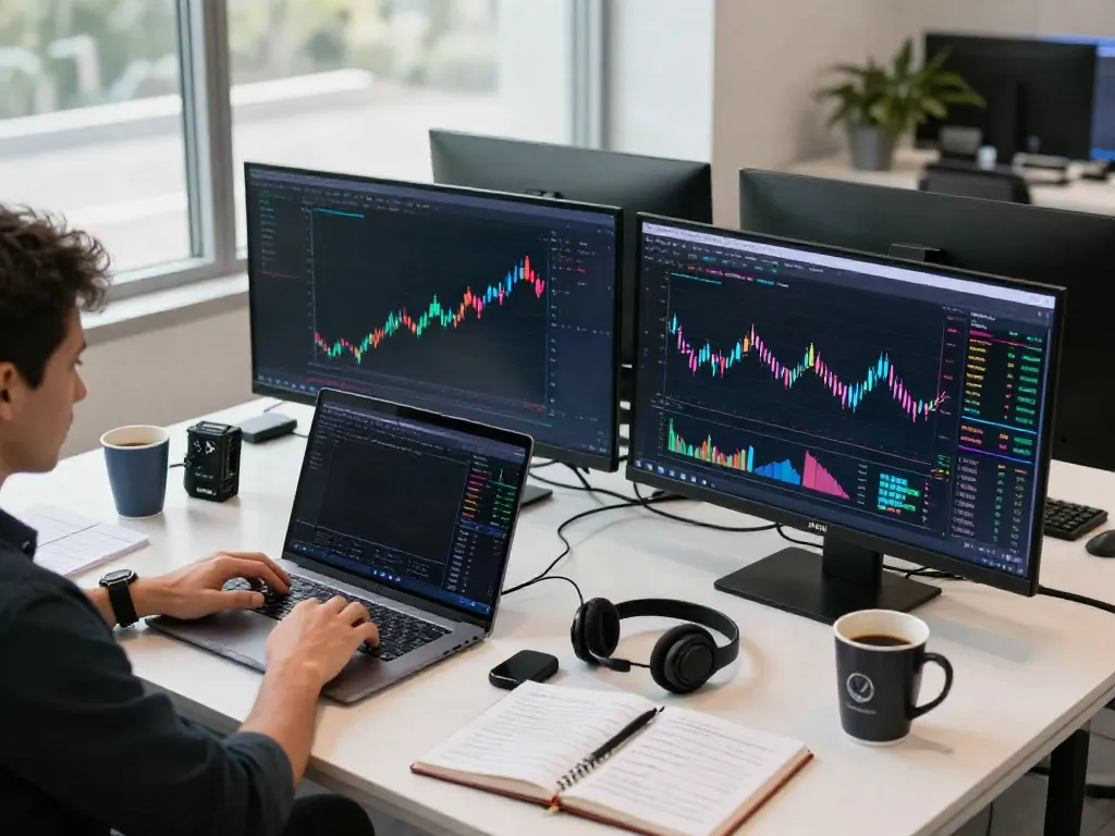 实时行情API integrated into a professional cryptocurrency trading setup with advanced screens, DeFi metrics, and active traders.