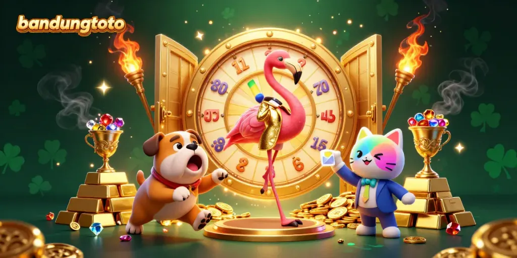 Join the excitement at bandungtoto with a dynamic game show scene featuring prizes, gold, and vibrant characters!