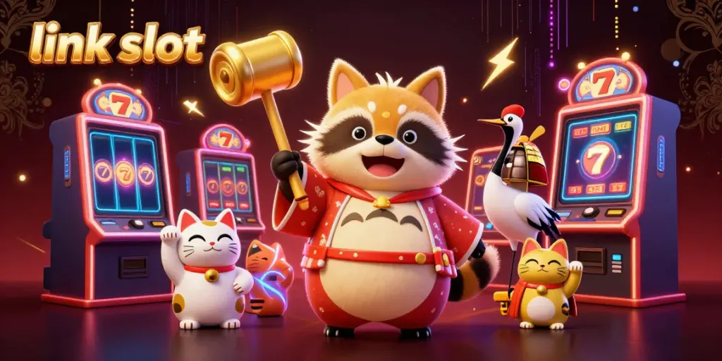 Spin to win with link slot at vivid online casino filled with cheerful characters and colorful slot machines.