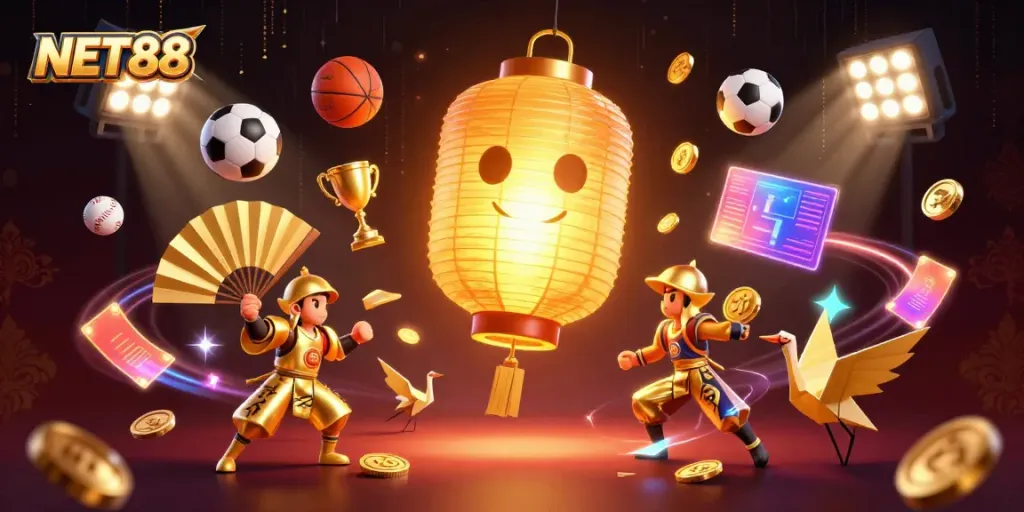 NET88 showcases a vibrant 3D casino gaming scene with lucky symbols and sports elements.