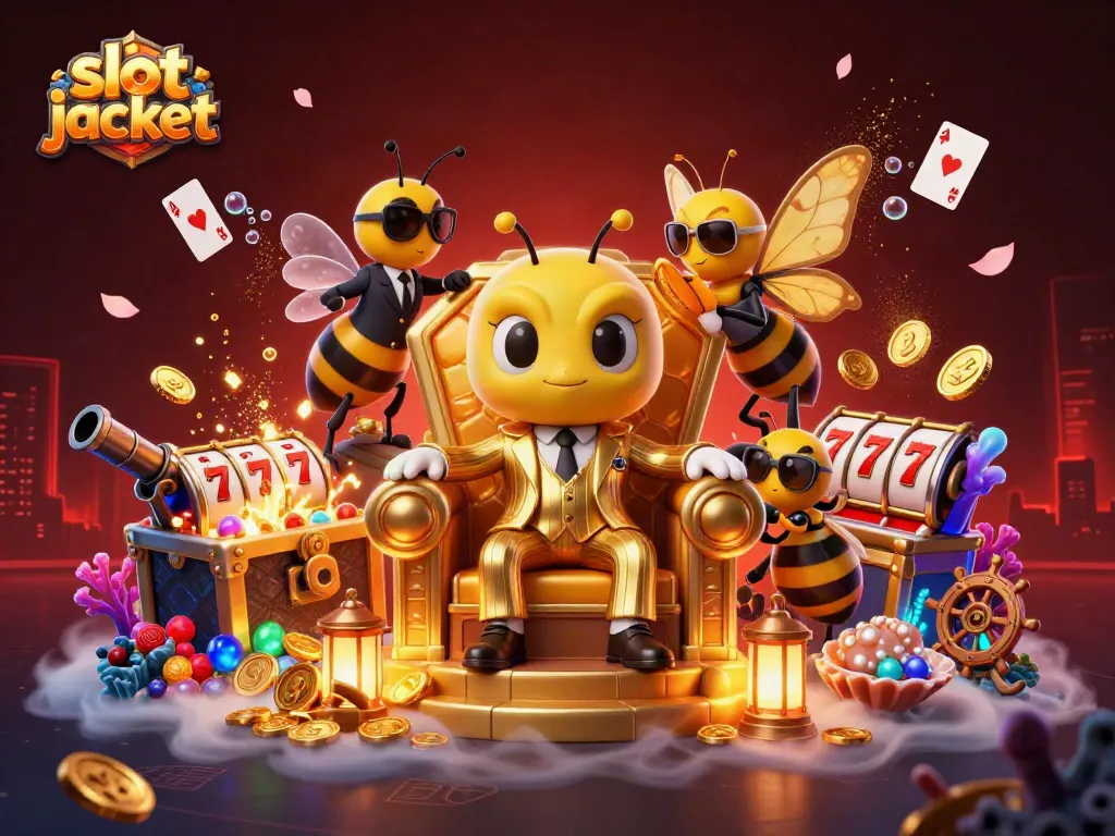 Experience the excitement of slot jackpot games in a vibrant casino-themed scene filled with gold and coins.