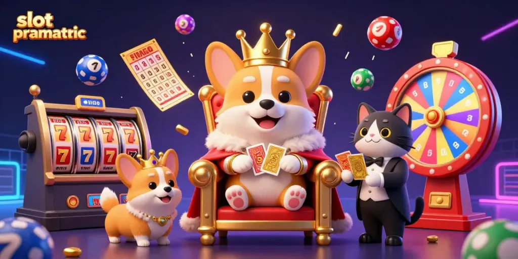 Experience the excitement of slot pragmatic with an energetic scene featuring a royal corgi and characters amidst vibrant casino elements.