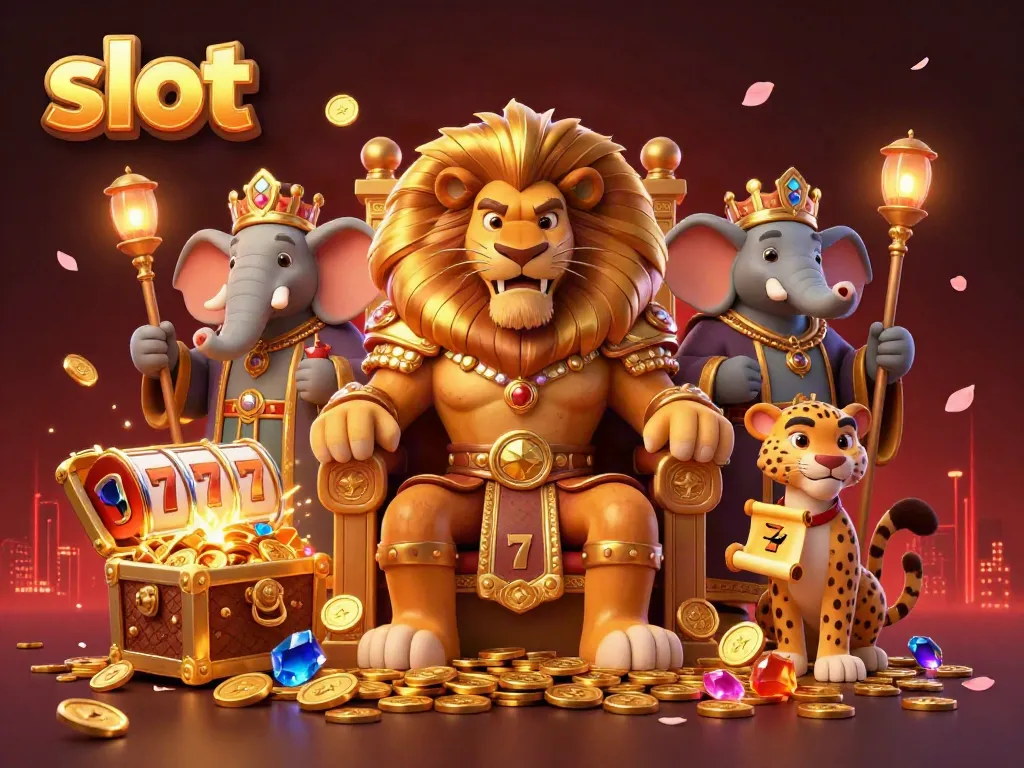 Experience immersive slot gaming in a vibrant, dynamic 3D scene with a lion king and gold coins.