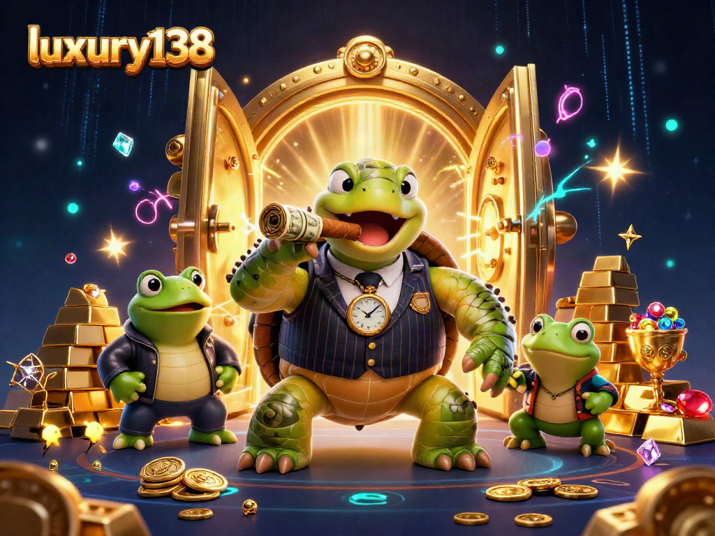 Menangkan jackpot dengan luxury138, ilustrasi kasino penuh kilauan dan karakter menarik.