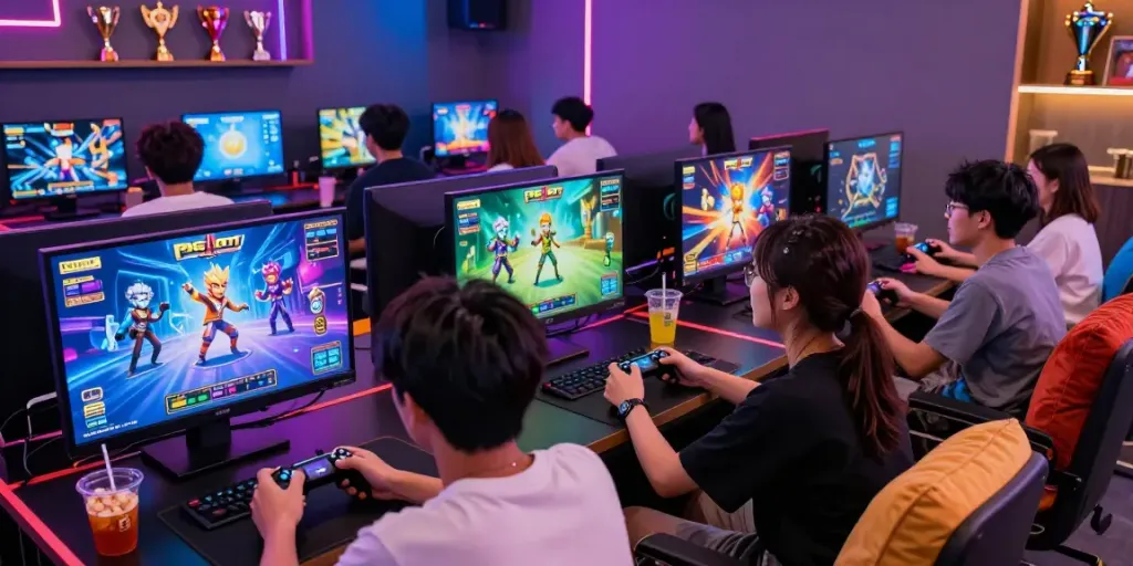 Friends enjoying PG SLOT game in a lively gaming lounge atmosphere.