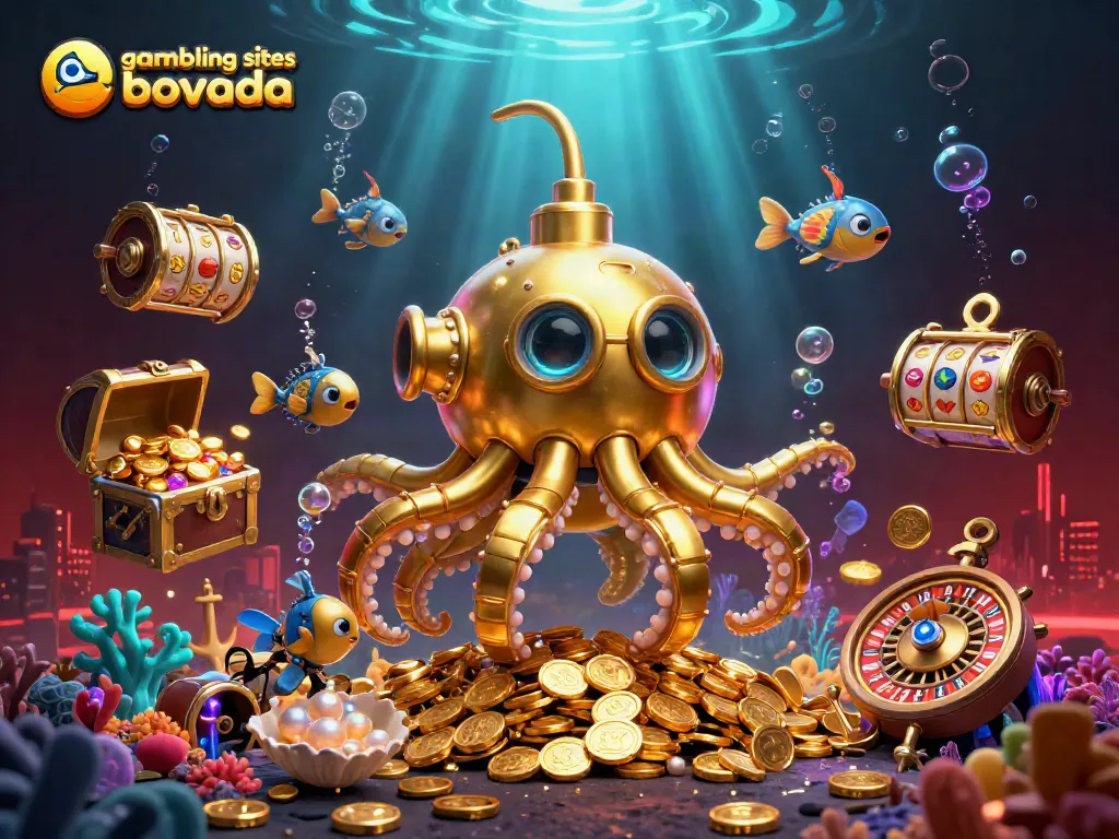 Engage with gambling sites like bovada through an immersive underwater casino scene featuring slot reels and a golden kraken.