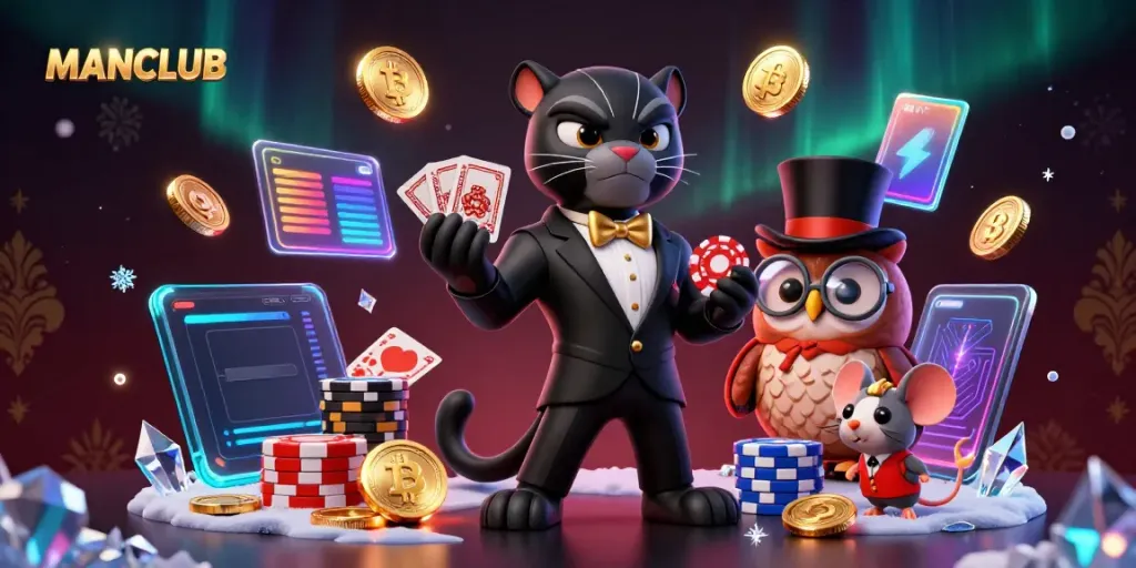 Engaging 3D cartoon illustration of MANCLUB showcasing stylish characters in a vibrant casino setting.