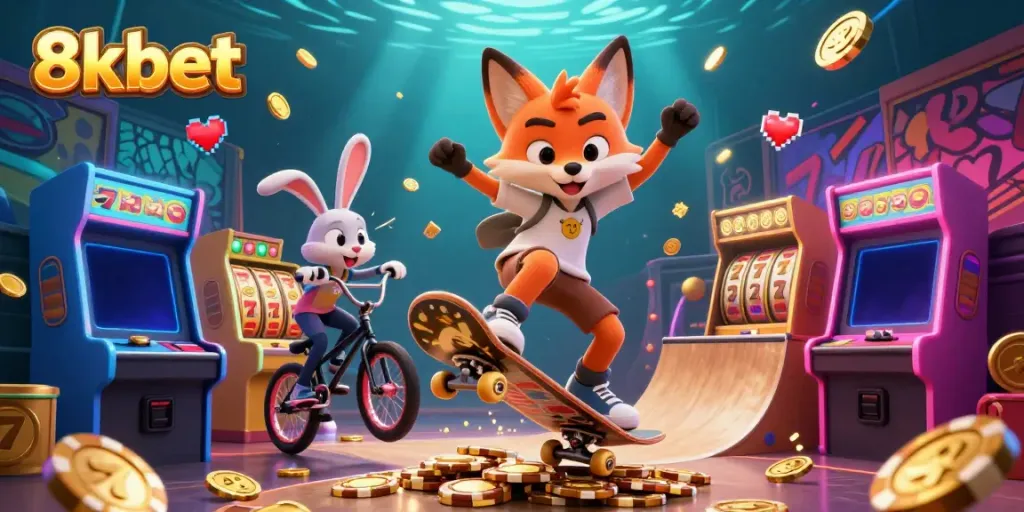 Watch as 8xbet's vibrant 3D characters celebrate with slots and poker chips in a dynamic gaming scene.
