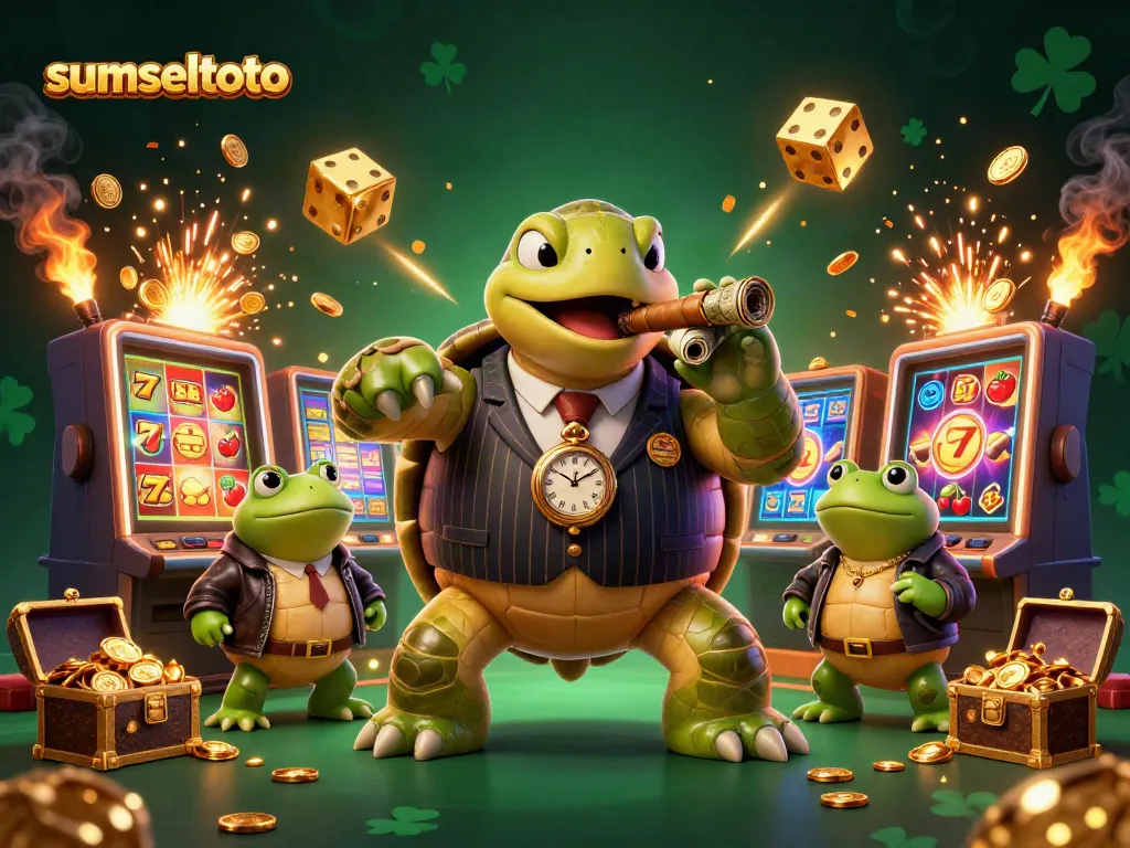Experience thrilling action at sumseltoto with a cartoon turtle mobster and slot machines bursting with excitement.
