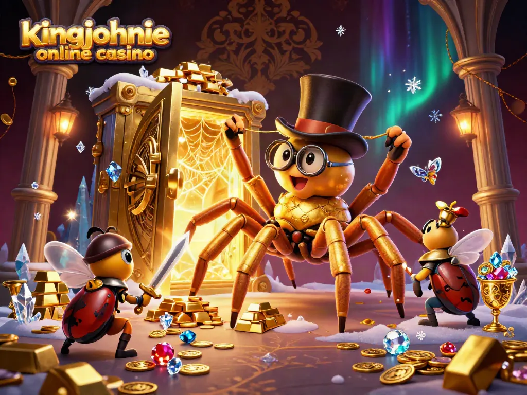 Play games at kingjohnnie online casino, where a golden tarantula weaves fortune in a vibrant, dynamic scene.