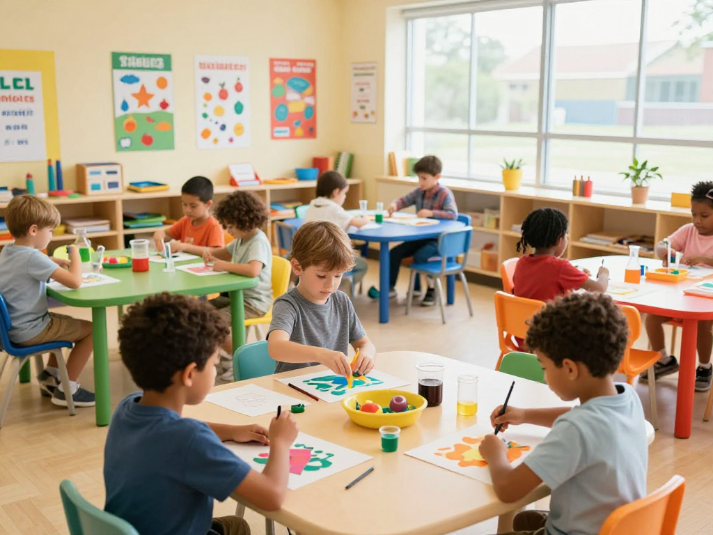 Children engaging with Reggio Emilia Approach activities in a vibrant preschool environment, fostering creativity and collaboration.