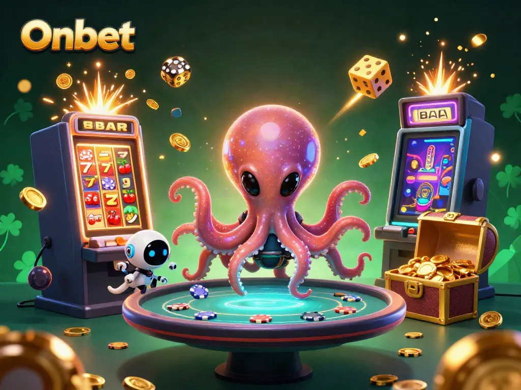 Experience thrilling games at Onbet with an alien octopus and robot at a holographic poker table.