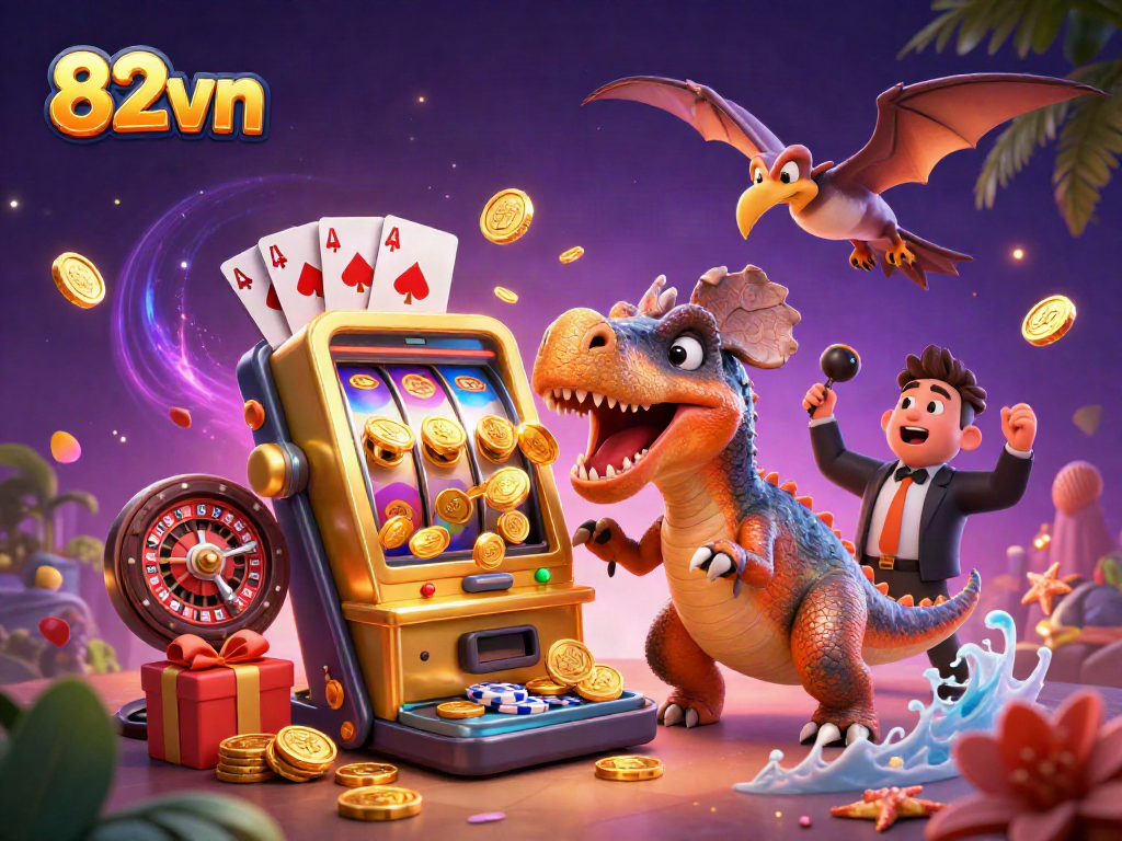 Engage with 82vn as a pachycephalosaurus wins a jackpot, coins flying around a vibrant casino scene.