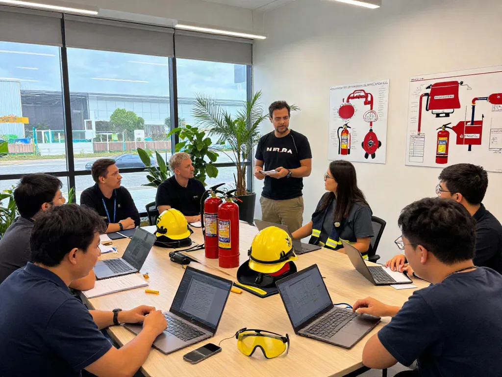 Engaged participants in NFPA Certification Training demonstrating fire safety procedures in a modern workshop.