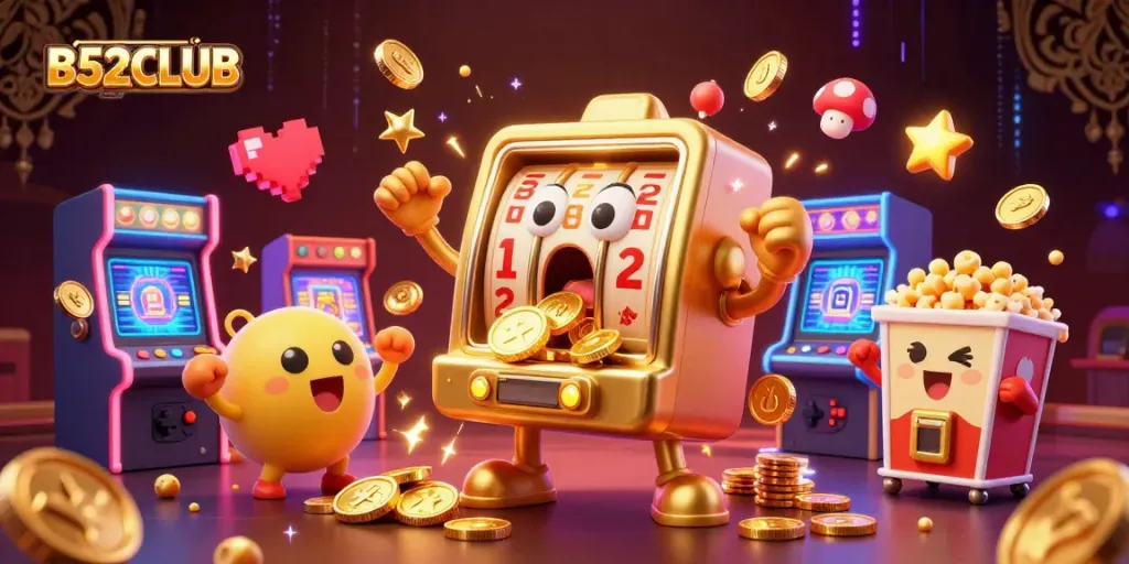 B52CLUB slot machine hits the jackpot amid colorful casino games and action-packed gaming elements.