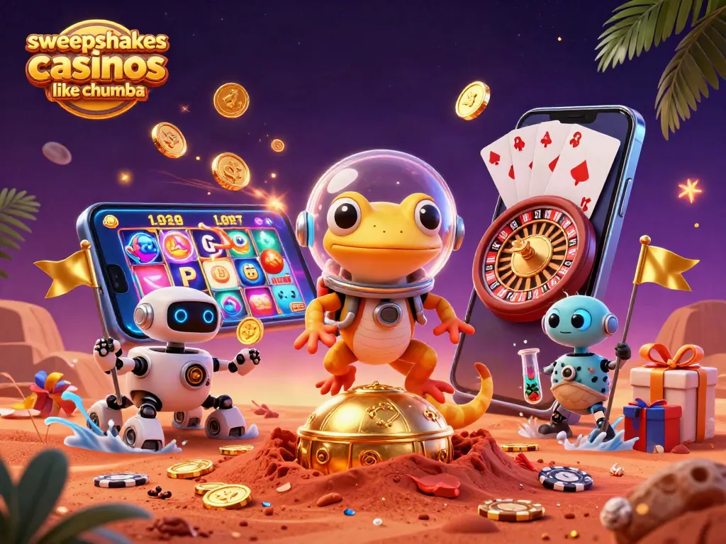 Experience the thrill of sweepstakes casinos like Chumba with a Martian gecko discovering gold in a vibrant casino.