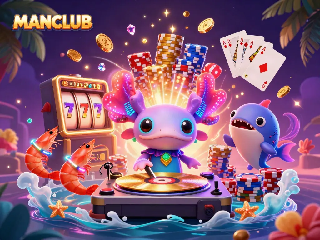Engage with MANCLUB's vibrant 3D casino scene featuring an axolotl DJ, lucky sevens, and poker elements.