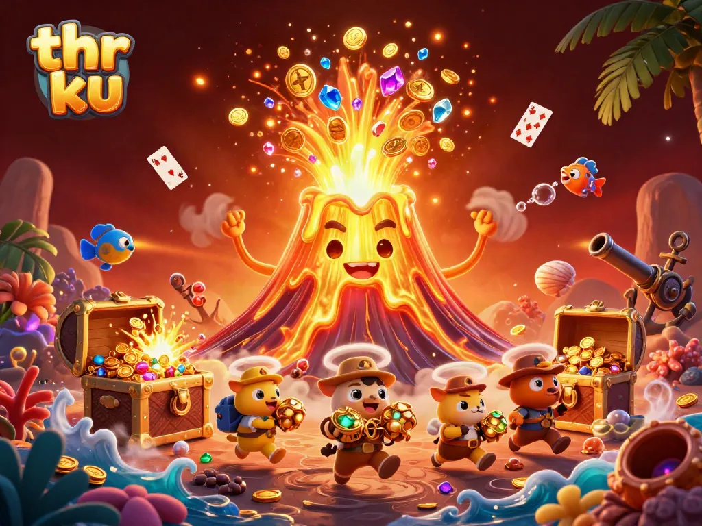 Engaging thr ku casino adventure with golden volcano and treasure chests bursting coins.