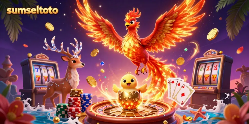 Experience the excitement of sumseltoto with a soaring phoenix, baby phoenix, and mystical stag amidst dynamic casino elements.