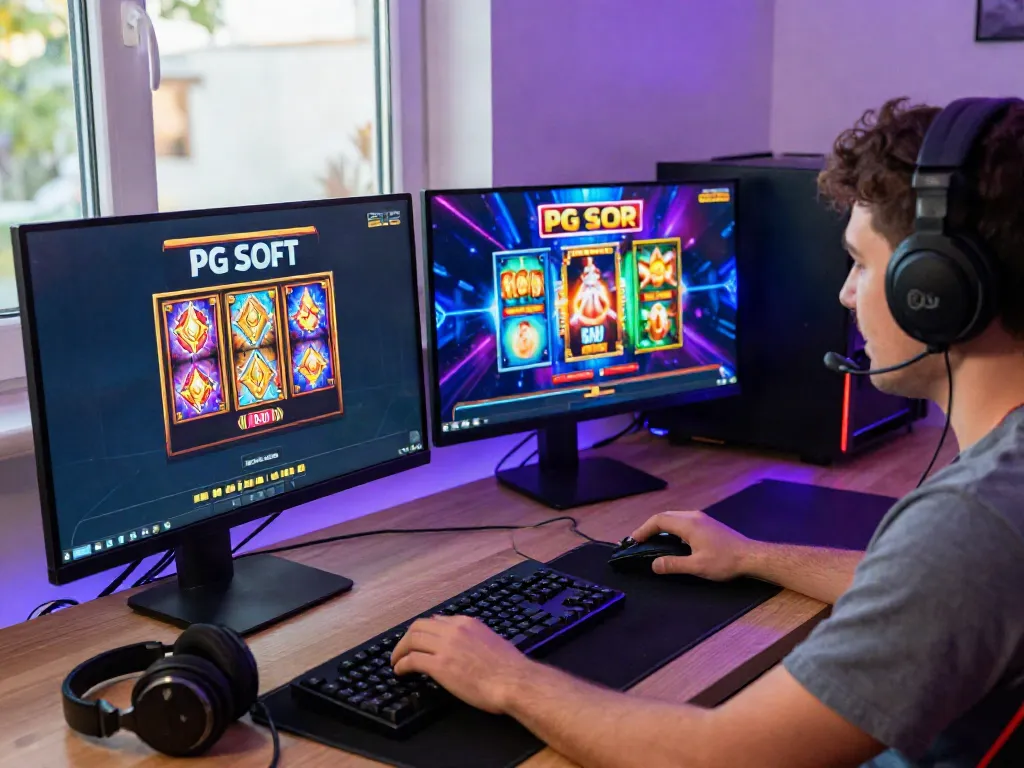 Player enjoying slot gacor games on a computer, vibrant graphics.