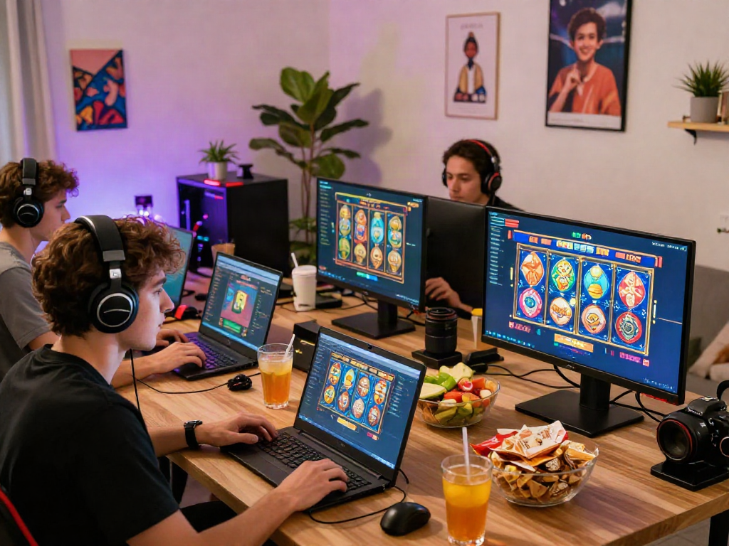 Engaging online gaming scene with kebuntoto, players enjoying multiple games in a cozy home.
